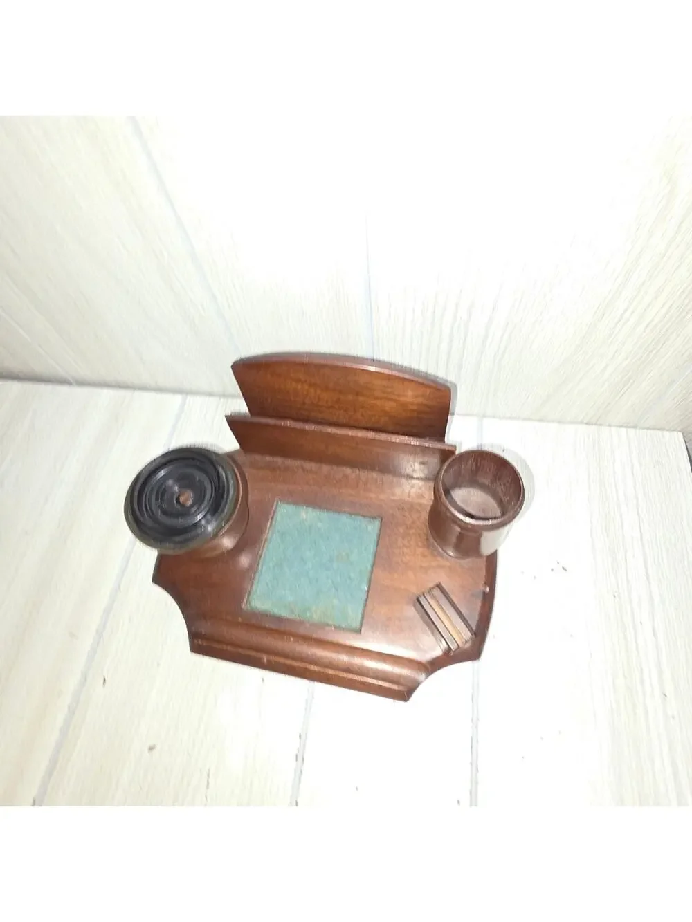 Vtg Antiqe 1920s? French Wooden French Desk Tidy Organizer Lided Ink Well Pen